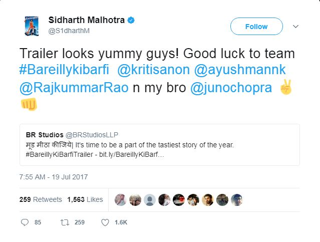 Sidharth Malhotra says,"Trailer looks yummy guys! Good luck to team #Bareillykibarfi @kritisanon @ayushmannk @RajkummarRao n my bro @junochopra" Bareilly Ki Barfi,Juno Chopra,Producer Juno Chopra,Varun Dhawan,Sonakshi Sinha,Sidharth Malhotra,Karan Johar