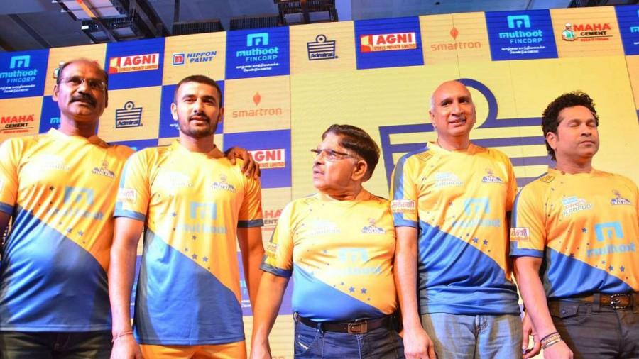 Nimmagadda Prasad, Allu Aravind, Sachin Tendulkar at Tamil Thalaivas jersey launch. Kamal Haasan,Sachin Tendulkar,Allu Arjun,Ram Charan Teja,Allu Aravind,Nimmagadda Prasad,Tamil Thalaivas Jersey Launch,Tamil Thalaivas,Tamil Thalaivas jersey,Tamil Thalaivas jersey launch pics,Tamil Thalaivas jersey launch images,Tamil Thalaivas jersey lau