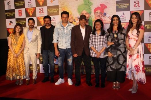 Actors Shreyas Talpade, Sunny Deol, Dharmendra and Bobby Deol during the trailer launch of their upcoming film 'Poster Boys' in Mumbai, on July 24, 2017.
