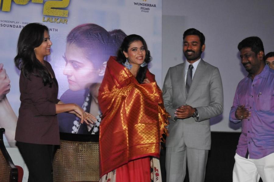 Kajol, Dhanush with director Soundarya Rajinikanth during the promotion of their upcoming film "VIP 2" in New Delhi. Kajol,Dhanush,Kajol and Dhanush,VIP 2 promotion,VIP 2,VIP 2 movie promotion