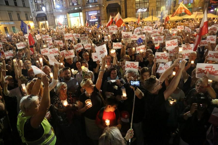People gather during a protest against the Supreme Court legislation in Wroclaw, Poland, July 23, 2017. Polish court,Thousands protest Polish court,Supreme Court judges,European Union