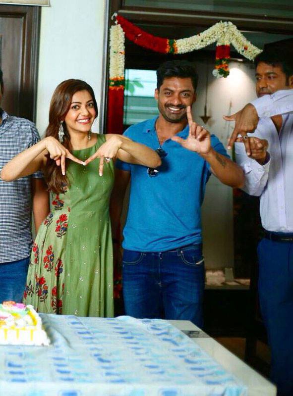 Actor Nandamuri Kalyanram and Actress Kajal Agarwal celebrate director Upendra Madhav birthday on MLA sets. Kajal Agarwal,Nandamuri Kalyanram,director Upendra Madhav,Upendra Madhav,Upendra Madhav birthday,Upendra Madhav birthday celebrations,MLA sets,MLA movie sets