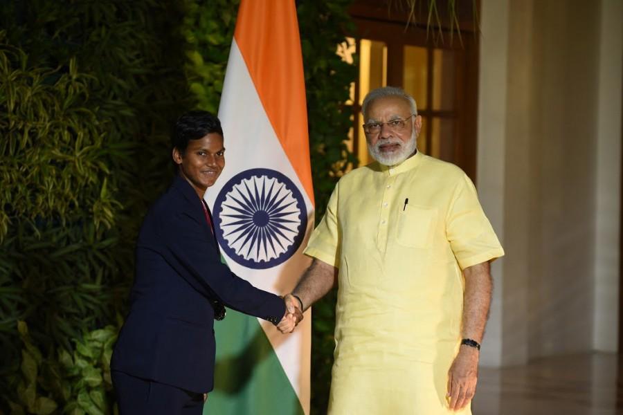 Modi tweeted: Was happy to meet Poonam Raut, who played consistently well through the World Cup. Her contribution to the team is invaluable. PM Narendra Modi,Narendra Modi,Indian women cricketers,Poonam Raut,Mansi Joshi,Poonam Yadav,Rajeshwari Gayakwad,Jhulan Goswami,Shikha Pandey