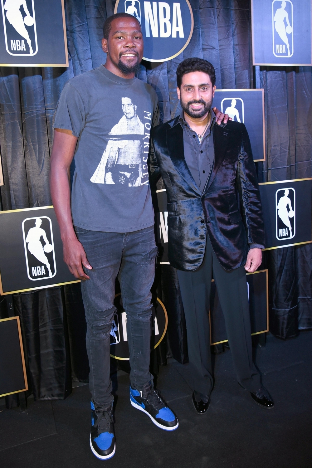 Bollywood actor Abhishek Bachchan with NBA Most Valuable Player Kevin Durant at the reception in New Delhi. NBA player Kevin Durant,Kevin Durant,Abhishek Bachchan,Vijay Amritraj,Rannvijay Singha