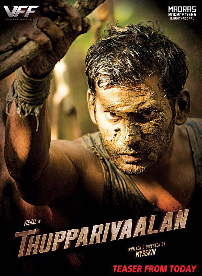 Thupparivaalan is an upcoming Tamil detective fantasy thriller film written and directed by Mysskin and produced by Vishal and S. Nanthagopal. Starring Vishal, Prasanna, Vinay Rai, Simran, Devayani, Anu Emmanuel, Andrea Jeremiah in the lead role. Vishal,vishal krishna,Thupparivalan movie poster,Thupparivalan poster,Thupparivalan,Thupparivalan movie pics,Thupparivalan movie images,Thupparivalan movie stills,Thupparivalan movie pictures,Thupparivalan movie photos