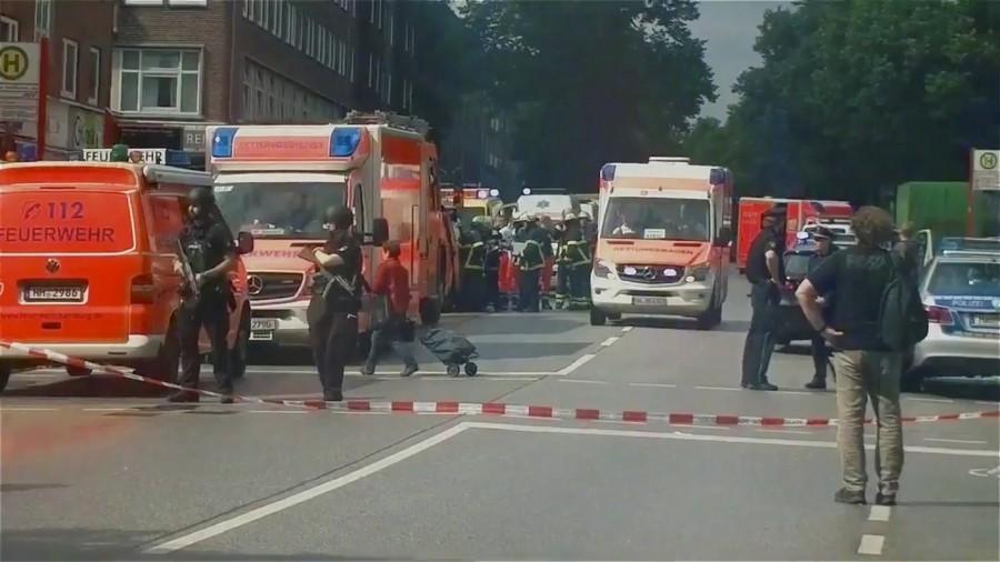 Security forces and ambulances after a knife attack in a supermarket in Hamburg. Hamburg,Hamburg supermarket,Hamburg supermarket attack,Hamburg attack,Knife attack at Hamburg,German city
