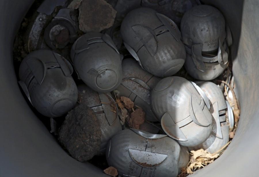 Unexploded cluster bomblets are seen in the rebel-held area in Deraa. A specialist civil defense team, trained last year in Jordan to clear mines, has dealt with about 100 cluster bombs in Deraa and nearby villages this week alone, a team member said. Syria,southwest Syria,cluster bombs,Syria cluster bombs
