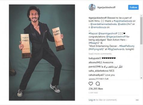 Tiger Shroff picked up not one but two awards for his films last year at the recently held Big Zee Entertainment awards. Tiger Shroff, who has raised by the bar for action and dance in the industry was applauded for both at the award function. He won the award of 