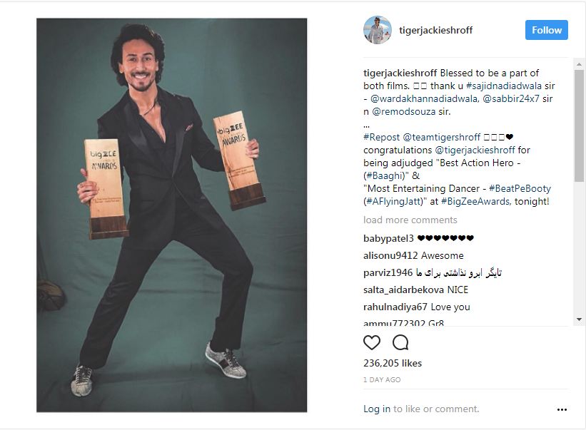 Tiger Shroff picked up not one but two awards for his films last year at the recently held Big Zee Entertainment awards. Tiger Shroff, who has raised by the bar for action and dance in the industry was applauded for both at the award function. He won the award of "Best Action Hero" for Baaghi, which was a superhit at the box office and was hugely appreciated for Tiger's daredevil action. The other award that Tiger took back home was of the "Most Entertaining Dancer" for the song Beat Pe Booty from A Flying Jatt. Tiger Shroff,Tiger Shroff twin win,Tiger Shroff twin win awards,Big Zee Entertainment awards,Big Zee Entertainment,Big Zee Entertainment 2017