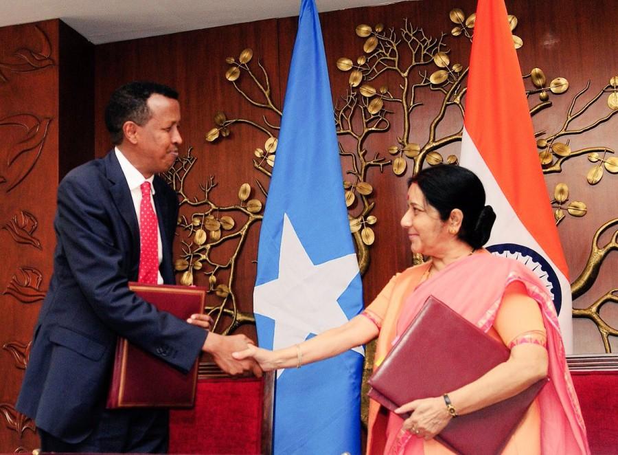 Earlier this year, India had thanked Somalia for rescuing 10 of its nationals held by pirates. The Indians were crew members on a commercial vessel -- Al Kausar -- that was hijacked by pirates off the Indian Ocean coast near Yemen. Somali security forces liberated the vessel in April. India also offers Indian Technical and Economic Cooperation (ITEC) training scholarships and Indian Council for Cultural Relations (ICCR) scholarships to Somalia. Somalia is among the partner countries of India's Pan African e-Network project. Sushma Swaraj,Somali Foreign Minister Yusuf Garaad Omar,Yusuf Garaad Omar,External Affairs Minister