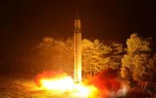 Intercontinental ballistic missile (ICBM) Hwasong-14 is pictured during its second test-fire.