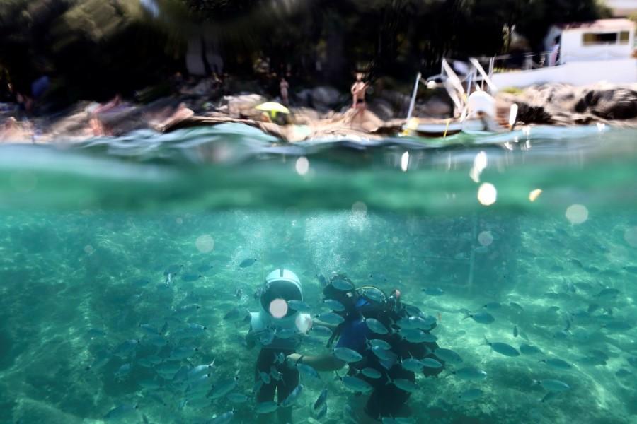 Divers are seen in Underwater Park in Pula, Croatia. Croatia,Playing underwater,Playing underwater in Croatia