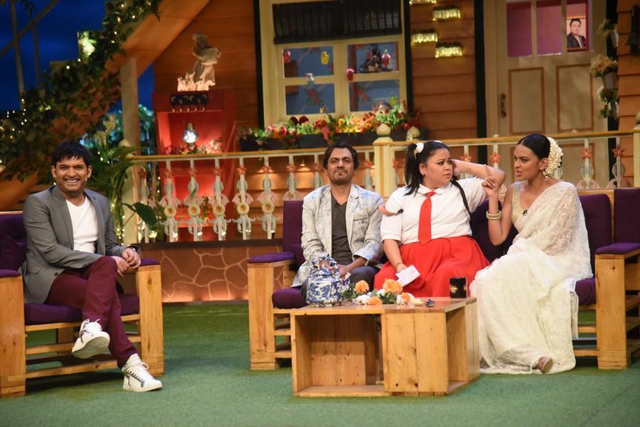 Bharti Singh during an act on The Kapil Sharma Show with cast of Babumoshai Bandookbaaz. Nawazuddin Siddiqui,Bharti Singh,The Kapil Sharma Show,Babumoshai Bandookbaaz