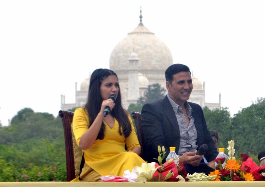 "Shah Jahan built the Taj Mahal for his beloved. Keshav in the film builds a toilet for his love Jaya, said Akshay as he and Bhumi were felicitated by local schools at a function near the Taj Mahal, at hotel Taj Khema. Akshay met UP Chief Minister Yogi Adityanath in Lucknow early Friday. Officials indicated that the film would be tax-free in the state. Akshay Kumar and Bhumi Pednekar,Akshay Kumar,Bhumi Pednekar,Toilet: Ek Prem Katha,Toilet: Ek Prem Katha promotion,Toilet: Ek Prem Katha movie promotion,akshay kumar toilet ek prem katha