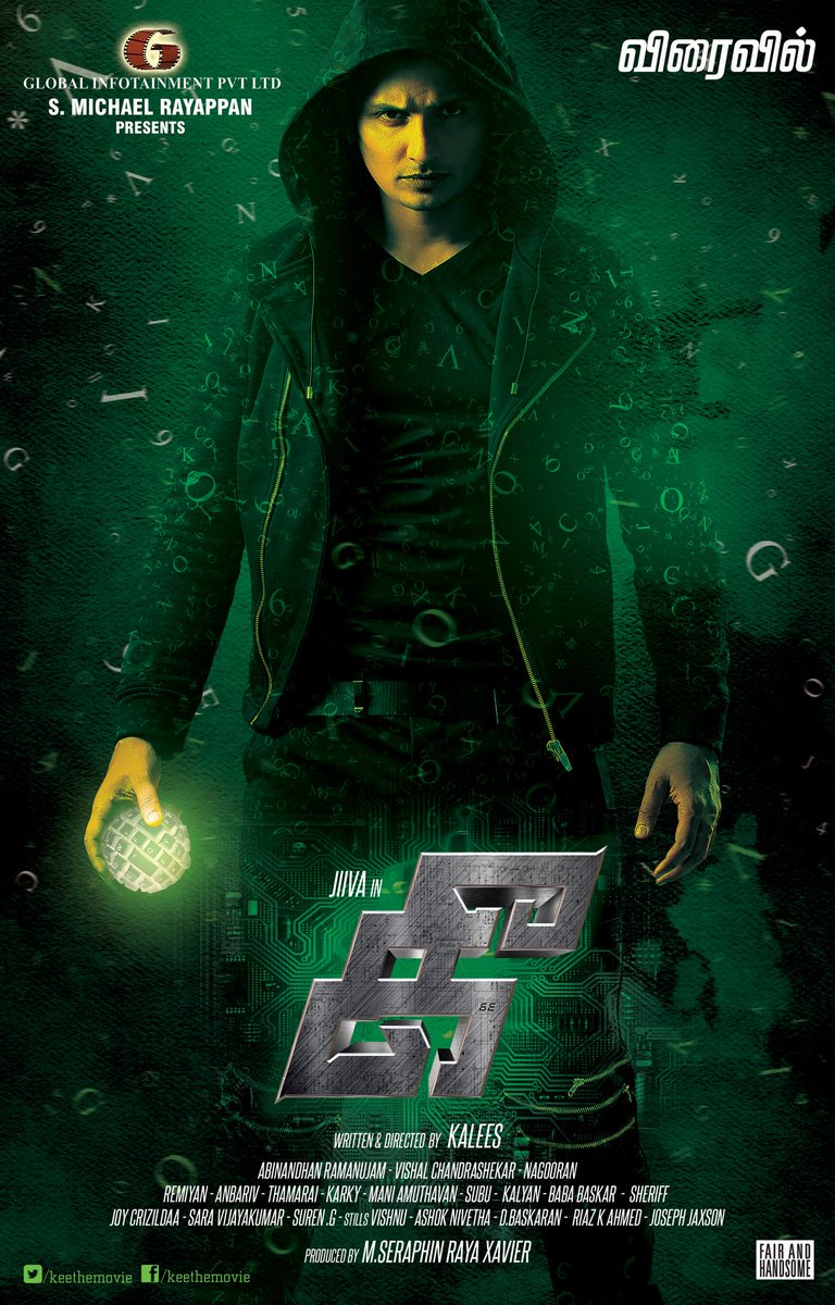 Kee is an upcoming Tamil movie Directed by Kalees and Produced by S Michael Rayappan. Starring Jiiva in the lead role, while Nikki Galrani, Anaika Soti, Rajendra Prasad, Govind Padmasoorya, Suhasini, RJ Balaji, Manobala, Meera Krishnan, Kishore Rajkumar in supporting role. Kee,Kee first look poster,Kee first look,Kee poster,Kee movie poster,Jiiva,actor Jiiva,Nikki Galrani,Anaika Soti,Rajendra Prasad,Govind Padmasoorya,Suhasini