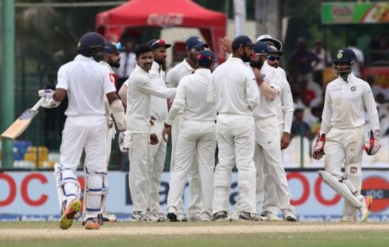 Forced to follow on, the Sri Lankan batsmen were all out for 386 runs in their second innings on the penultimate day of the Test. The Indians had declared their first innings at 622/9 while the hosts were all out for 183 in their first innings. Left-arm spinner Ravindra Jadeja did most of the damage on the day with figures of 5/152. Star off-spinner Ravichandran Ashwin had figures of 2/132 while medium-pacer Hardik Pandya returned 2/31. Fast bowler Umesh Yadav took one wicket. India have now taken an unassailable 2-0 lead in the three-match series. Several Sri Lankan batsmen displayed poor selection on a pitch which was offering a fair bit of turn, specially to Ashwin.