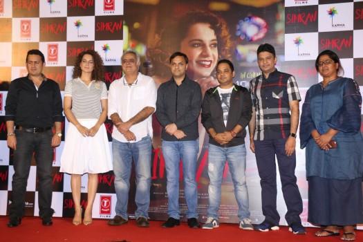 Actors Kangna Ranaut and Esha Tewari Pande, music producer Bhushan Kumar and filmmaker Hansal Mehta during the trailer launch of upcoming film 