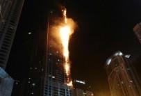 Flames shoot up the sides of the Torch tower residential building in the Marina district, Dubai, United Arab Emirates.