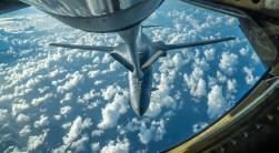 One of two U.S. Air Force B-1B Lancer bombers receives fuel from a KC-135 Stratotanker while flying a 10-hour mission from Andersen Air Force Base, Guam, into Japanese airspace and over the Korean Peninsula, July 30, 2017.