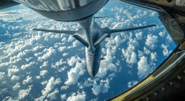 One of two U.S. Air Force B-1B Lancer bombers receives fuel from a KC-135 Stratotanker while flying a 10-hour mission from Andersen Air Force Base, Guam, into Japanese airspace and over the Korean Peninsula, July 30, 2017.