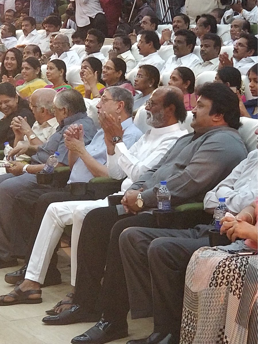 South Indian actor Rajinikanth, Prabhu at DMK event. Rajinikanth and Kamal Haasan,Rajinikanth,Kamal Haasan,Murasoli 75 Event,Murasoli,DMK event
