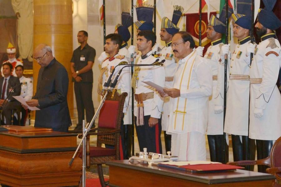 Naidu, 68, who was hitherto part of Prime Minister Narendra Modi's cabinet, succeeded M. Hamid Ansari who served two consecutive terms since August 2007. Nominated by the ruling BJP-led National Democratic Alliance, Naidu won the August 5 poll defeating former West Bengal Governor and Mahatma Gandhi's grandson Gopalkrishna Gandhi. Venkaiah Naidu,Venkaiah Naidu vice president,Venkaiah Naidu takes oath as vice president,Rashtrapati Bhawan