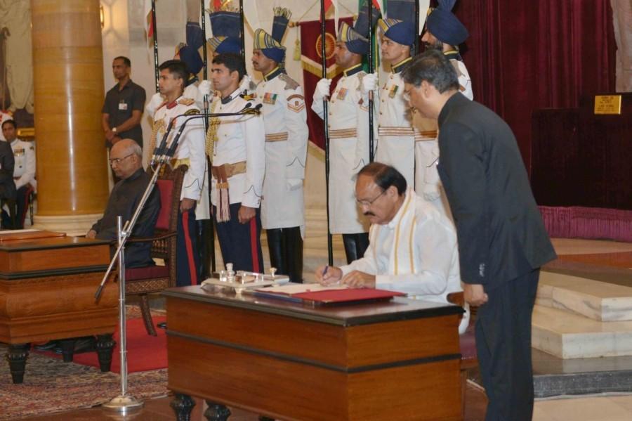 Earlier, Naidu paid floral tribute to Mahatma Gandhi at Rajghat. He also paid tributes to Jan Sangh leader Deendayal Upadhyaya, besides Sardar Vallabhai Patel and Babasaheb B.R. Ambedkar. Venkaiah Naidu,Venkaiah Naidu vice president,Venkaiah Naidu takes oath as vice president,Rashtrapati Bhawan