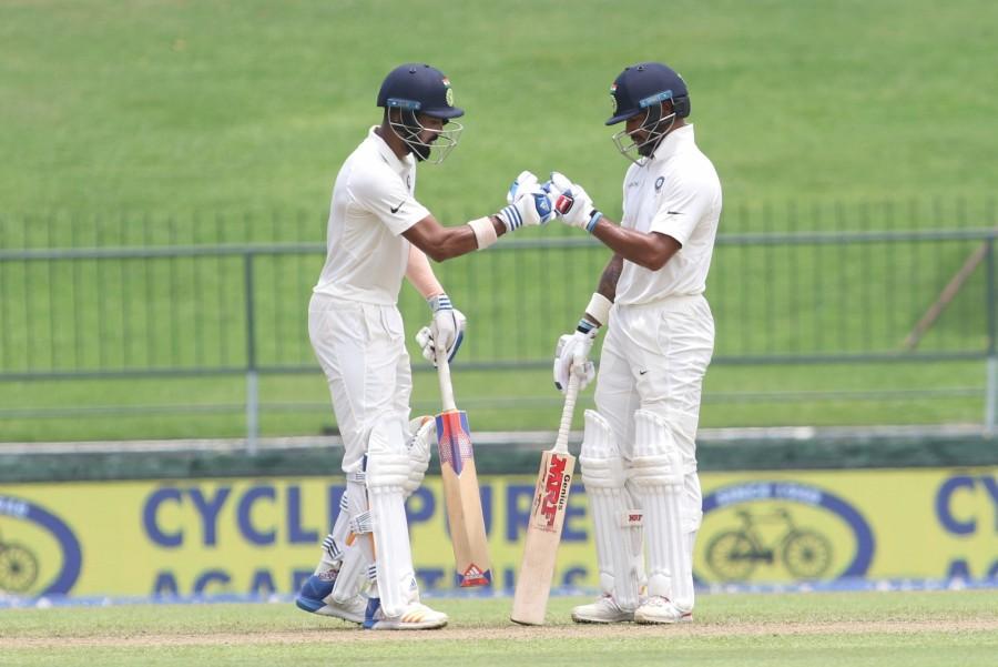 Brief Scores: India (first innings) 235/3 (Shikhar Dhawan 119, Lokesh Rahul 85, Virat Kohli 11 batting) vs Sri Lanka. Shikhar Dhawan,Shikhar Dhawan hits ton,Sri Lanka,India vs Sri Lanka,India vs Sri Lanka 2017,india vs sri lanka teams,India vs Sri Lanka cricket match,India vs Sri Lanka Test series
