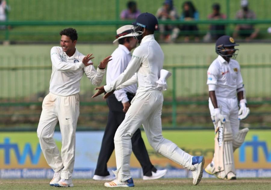 The hosts, who were forced to follow on, trail India's first innings total of 487 by 270 runs. Sri Lanka were all out for 135 runs in their first innings. Dinesh Chandimal,Angelo Mathews,Third Test,India vs Sri Lanka,India vs Sri Lanka 2017,India vs Sri Lanka score,India vs Sri Lanka cricket match