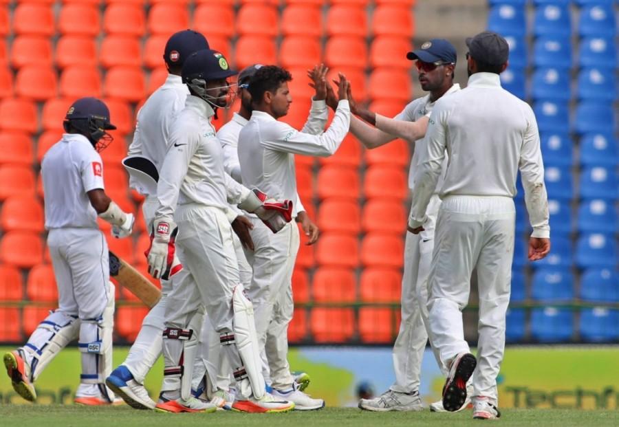 Brief scores: Sri Lanka: 135 & 82/4 (Dinesh Chandimal 26 batting, Angelo Mathews 17 batting; Mohammed 2/20) vs India (first innings): 487. Dinesh Chandimal,Angelo Mathews,Third Test,India vs Sri Lanka,India vs Sri Lanka 2017,India vs Sri Lanka score,India vs Sri Lanka cricket match