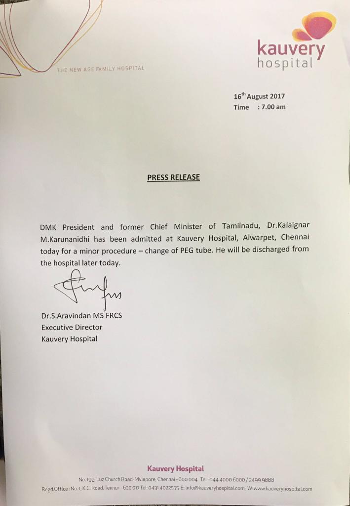A statement issued by the hospital said the DMK chief would be discharged from the hospital later on Wednesday. DMK President Karunanidhi,Karunanidhi,M Karunanidhi,Karunanidhi Hospitalised,Karunanidhi admitted to hospital,Karunanidhi in hospital,dmk chief karunanidhi admitted to hospital,DMK chief Karunanidhi