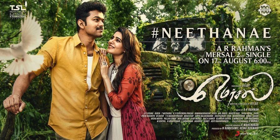 The three roles feature him as a panchayat head, a doctor and a magician. The film, which has music by A.R Rahman, also stars Nithya Menen, SJ Suryah, Kajal Aggarwal and Samantha Ruth Prabhu. Vijay,Samantha,Vijay and Samantha,Neethanae Song Teaser,Neethanae Song,Neethanae Teaser,Mersal,Mersal songs,Mersal movie songs