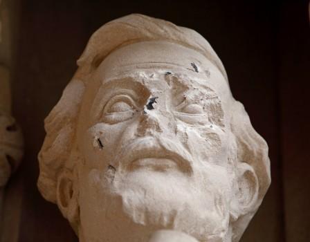 Damage is seen done to the face of a statue of Confederate commander General Robert E. Lee at Duke University's Duke Chapel in Durham, North Carolina, U.S.