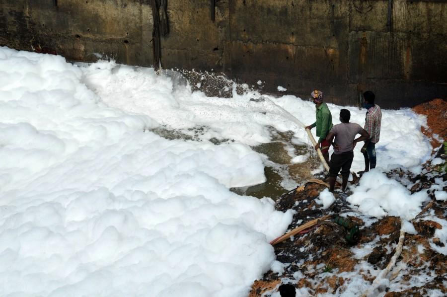 A view of the frothing Bellandur Lake in Bengaluru on Aug 17, 2017. Bengaluru's Bellandur Lake,Bellandur Lake,smoke at bellandur lake,bellandur lake foam,Bellandur Lake pollution,Bellandur Lake toxic foam