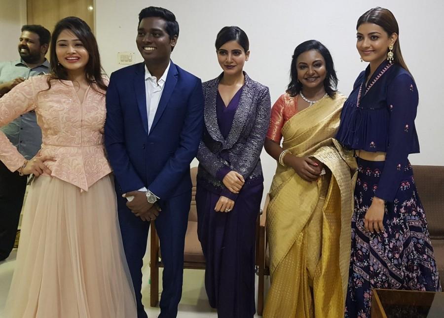 Directed by Atlee, "Mersal" features Vijay in a triple role -- as a Panchayat head, a doctor and a magician. Samantha at Mersal audio launch,Kajal Aggarwal at Mersal audio launch,Samantha and Kajal Aggarwal,Samantha,Kajal Aggarwal,Mersal audio launch,Mersal audio launch pics,Mersal audio launch images,Mersal audio launch stills,Mersal audio launch pictures,Mersa