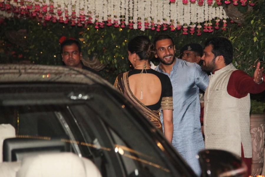 Actress Deepika Padukone and Ranveer Singh snapped at Mukesh Ambani's bash. Deepika Padukone and Ranveer Singh,Deepika Padukone,Ranveer Singh,Deepika Padukone at Mukesh Ambani bash,Ranveer Singh at Mukesh Ambani bash,Ganesh Chaturathi Celebrations