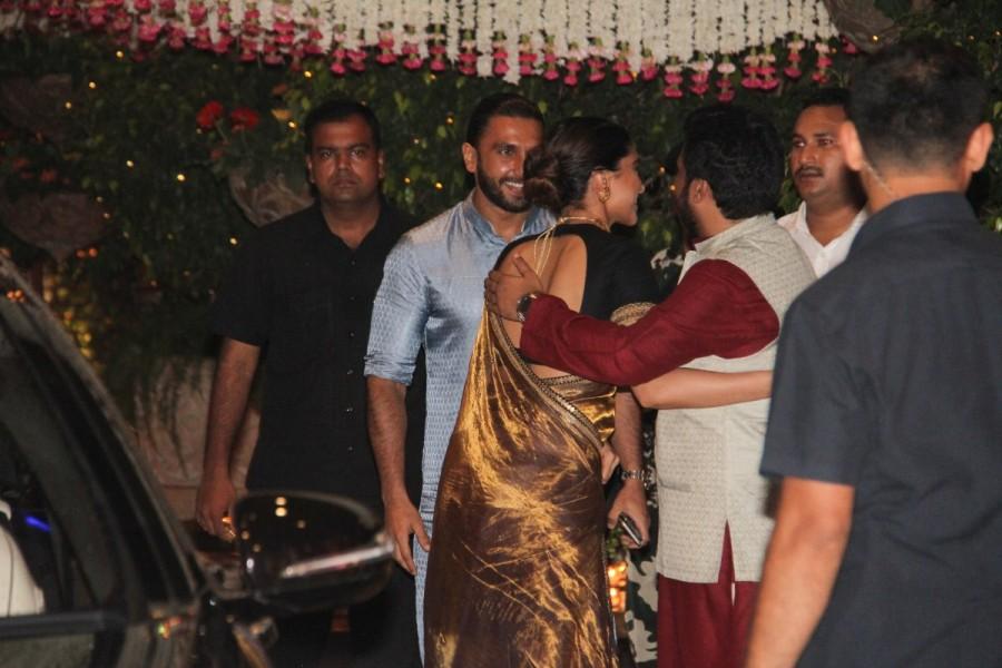 Bollywood actress Deepika Padukone and Ranveer Singh snapped at Mukesh Ambani's bash. Deepika Padukone and Ranveer Singh,Deepika Padukone,Ranveer Singh,Deepika Padukone at Mukesh Ambani bash,Ranveer Singh at Mukesh Ambani bash,Ganesh Chaturathi Celebrations