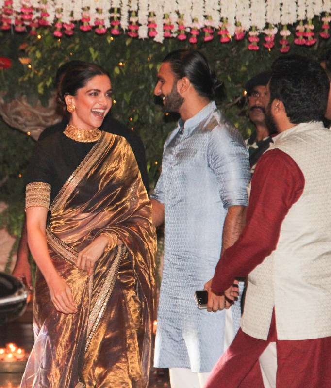 Bollywood actress Deepika Padukone and actor Ranveer Singh snapped at Mukesh Ambani's bash. Deepika Padukone and Ranveer Singh,Deepika Padukone,Ranveer Singh,Deepika Padukone at Mukesh Ambani bash,Ranveer Singh at Mukesh Ambani bash,Ganesh Chaturathi Celebrations