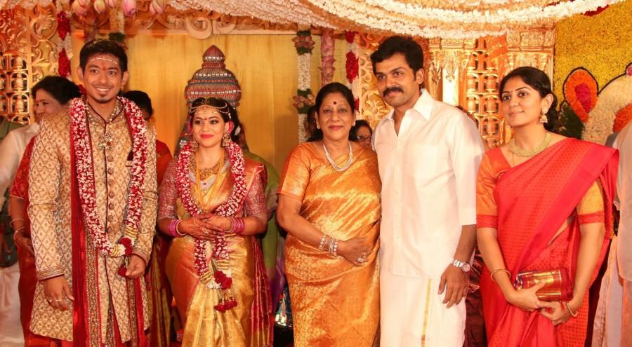 Janaki Devi, Karthi with his wife Ranjani at Vishal sister Aishwarya's wedding. Karthi,P Vasu,Kushboo,Sundar C,Vishal sister Aishwarya,Vishal sister Aishwarya wedding,Aishwarya wedding,Aishwarya wedding pics,Aishwarya wedding images,Aishwarya wedding stills,Aishwarya wedding pictures