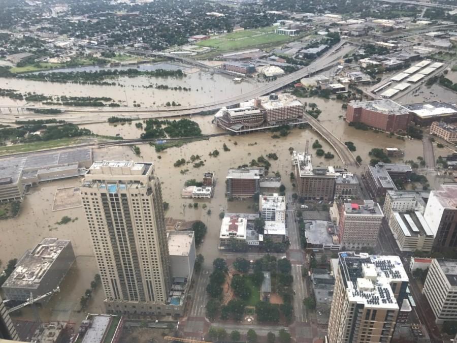 Flooded downtown is seen from JP Morgan Chase Tower after Hurricane Harvey inundated the Texas Gulf coast with rain causing widespread flooding, in Houston, Texas, U.S. August 27, 2017 in this picture obtained from social media. Hurricane Harvey,Hurricane Harvey slams Texas,Texas,Texas Hurricane Harvey,Texas Hurricane