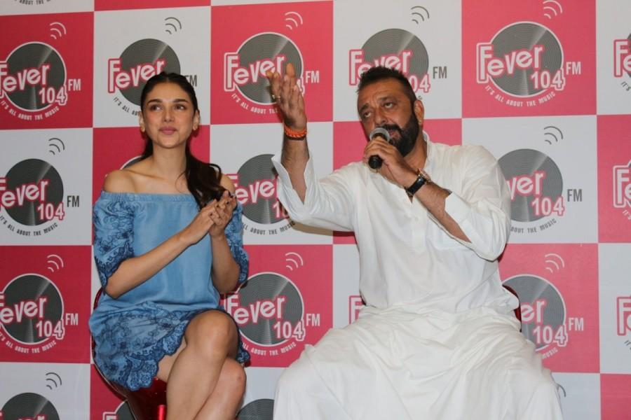 Sanjay Dutt and Aditi Rao Hydari promote Bhoomi at a radio station in Mumbai. Sanjay Dutt and Aditi Rao Hydari,Sanjay Dutt,Aditi Rao Hydari,Bhoomi,Bhoomi promotion,Bhoomi movie promotion,sanjay dutt bhoomi,bhoomi movie