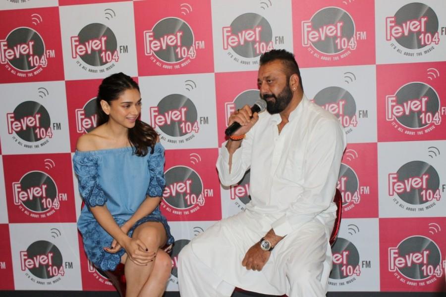 Sanjay Dutt and Aditi Rao Hydari during the promotion of their upcoming film "Bhoomi" at Fever 104 FM station. Sanjay Dutt and Aditi Rao Hydari,Sanjay Dutt,Aditi Rao Hydari,Bhoomi,Bhoomi promotion,Bhoomi movie promotion,sanjay dutt bhoomi,bhoomi movie