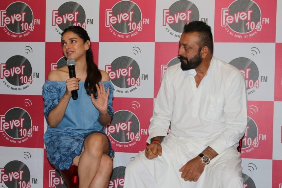 Actors Sanjay Dutt and Aditi Rao Hydari during the promotion of their upcoming film "Bhoomi" at Fever 104 FM station in Mumbai. Sanjay Dutt and Aditi Rao Hydari,Sanjay Dutt,Aditi Rao Hydari,Bhoomi,Bhoomi promotion,Bhoomi movie promotion,sanjay dutt bhoomi,bhoomi movie