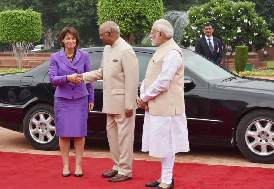 Ministry of External Affairs spokersperson Raveesh Kumar tweeting the event said "a friendship based on shared values of democracy. President Doris Leuthard receives ceremonial honours..." Switzerland is the seventh largest trading partner for India with a total bilateral trade, including merchandise exports, bullion and IT services and software exports, amounting to $18.2 billion in 2016-17. Doris Leuthard,Swiss President Doris Leuthard,Swiss President Doris Leuthard in India,Doris Leuthard in India,Narendra Modi,Ram Nath Kovind,President Ram Nath Kovind
