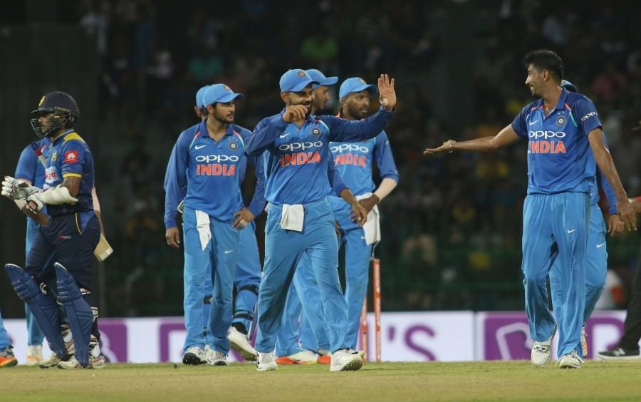 Sri Lankan top order batsmen Niroshan Dickwella (14), Dilshan Munaweera (11), Kusal Mendis (1) and Lahiru Thirimanne (18) were sent packing by Indian bowlers within 16 overs of the inning. Later Mathews and Siriwardana tried to bring the hosts back on track, but failed to keep going. Mathews' 80-ball innings was laced with 10 boundaries, while Siriwardana hit three fours and one six. In the end, Akila Dananjaya (11), Akila Dananjaya (3), Vishwa Fernando (5), Lasith Malinga (0) all fell in quick succession as India maintained their winning streak. Earlier, India rode on centuries by skipper Virat Kohli and opener Rohit Sharma to post 375/5 in their 50 overs. Electing to bat first, India lost opener Shikhar Dhawan in the second over before Kohli (131) and Rohit (104) came together to post a 219-run second-wicket partnership. India defeat Sri Lanka,India defeat Sri Lanka by 168 runs,4th ODI,Jasprit Bumrah,Pandya,Kuldeep Yadav,Mahendra Singh Dhoni,Manish Pandey