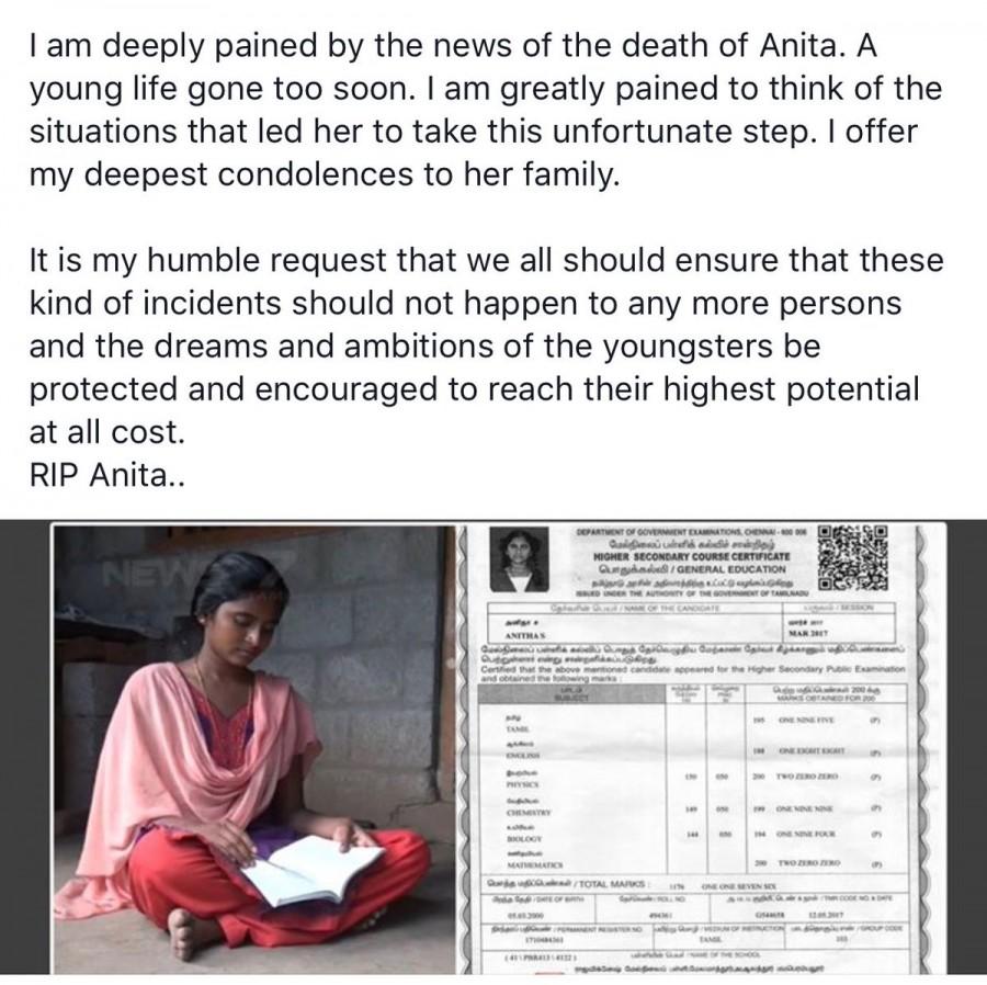 Hailing from a village in Ariyalur district, around 300 km from here, she was the daughter of a daily labourer. In her petition in the apex court against NEET, Anitha had said that rural students will not be able to compete against the students from the city if a common entrance exam is held for medical college seats. With a cut-off mark of 196.5, Anitha would have surely got admission into a medical college in the Tamil Nadu under the old system - that is admission based on the marks scored in plus two exams. In a statement issued here, former Union Minister and PMK leader Anbumani Ramadoss blamed the central and the state governments for the tragedy. TN girl Anitha,Anitha,Anitha commits suicide,Anitha suicide,Twitter Reactions on Anitha,justice for Anitha,National Eligibility-cum-Entrance Test,NEET