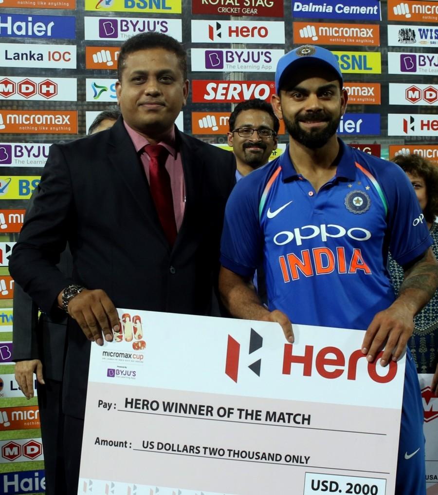 However, any hope of an unlikely win that the hosts may have entertained soon went up in smoke as Jadhav joined Kohli and the duo proceeded to take the visitors towards victory. By the time Jadhav mistimed a late cut to hand an easy edge to wicketkeeper Niroshan Dickwella off Hasaranga's bowling, India needed just two ruuns to win with 23 balls remaining. Earlier, pacer Bhuvneshwar Kumar produced a disciplined bowling effort to pick up a five-wicket haul as India restricted Sri Lanka to 238 runs. Bhuvneshwar registered his career-best figures of 5/42 surpassing his previous best of 4/8 which also came against Sri Lanka on January 15, 2013. He has now picked up 75 wickets from 71 matches in his ODI career. India vs Sri Lanka,India vs Sri Lanka 2017,India vs Sri Lanka 5th ODI,Virat Kohli,Bhuvneshwar Kumar,Virat Kohli and Bhuvneshwar Kumar