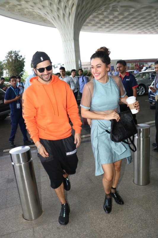 Varun Dhawan and Taapsee Pannu spotted at Chhatrapati Shivaji Maharaj International airport in Mumbai. Varun Dhawan and Taapsee Pannu,Varun Dhawan,Taapsee Pannu,Varun Dhawan spotted at airport,Taapsee Pannu spotted at airport