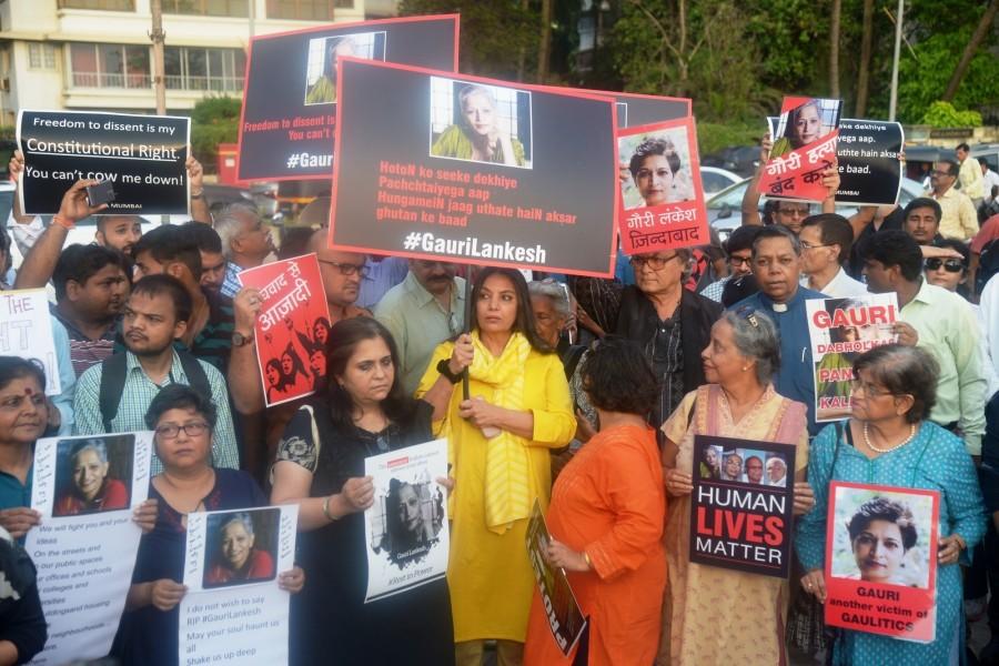 Actress Shabana Azmi along with activists participates in a protest march to condemned the killing of Bengalaru journalist-turned-activist Gauri Lankesh in Mumbai on Sept 6, 2017. Shabana Azmi,Gauri Lankesh killing,Gauri Lankesh protest,Gauri Lankesh dead