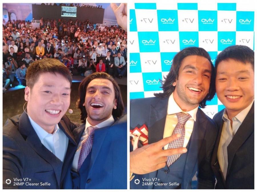 Actor Ranveer Singh posted: 24! That's right - TWENTY FOUR MEGA PIXELS! That's what a Clearer Selfie looks like on the awesome new Vivo V7+ ! #VivoV7Plus @Vivo_India Vivo V7+,Vivo V7 plus,Ranveer Singh,actor Ranveer Singh,Ranveer Singh launches Vivo V7+,Vivo V7+ launch